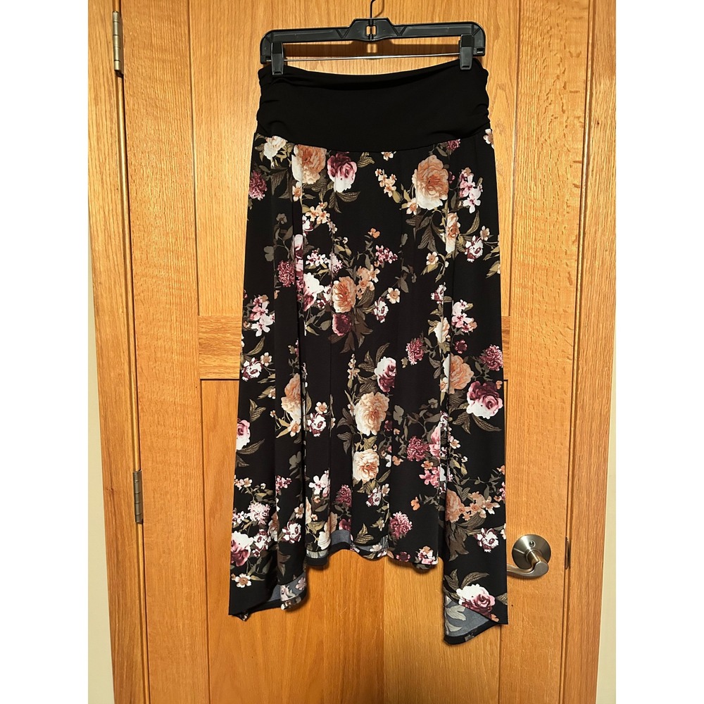 Apt. 9 Women XXL Black Floral Handkerchief Hem Maxi Skirt Elastic Waist Stretch